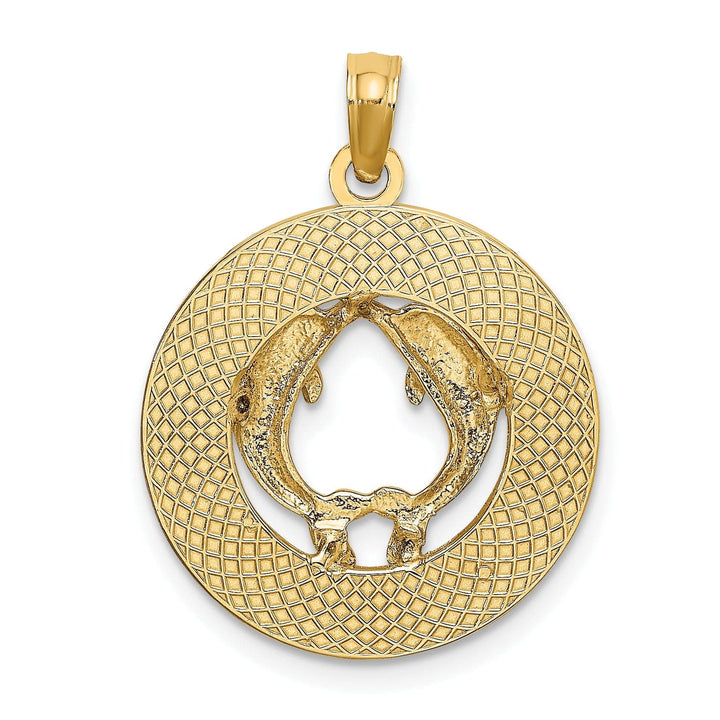Lovely Rita's Pendants & Charms 14K Yellow Gold Polished Textured Finish BAHAMAS in Circle Design with Double Dolphin Charm Pendant