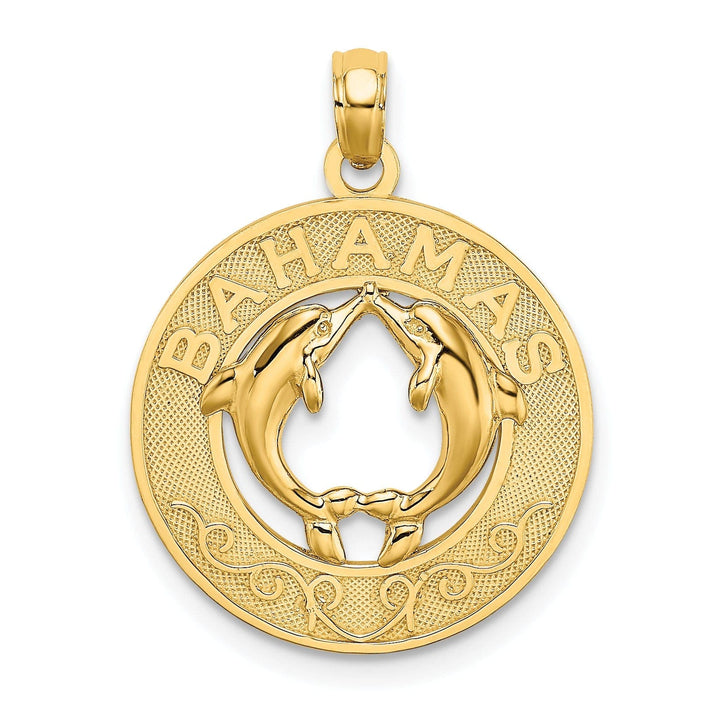 Lovely Rita's Pendants & Charms 14K Yellow Gold Polished Textured Finish BAHAMAS in Circle Design with Double Dolphin Charm Pendant