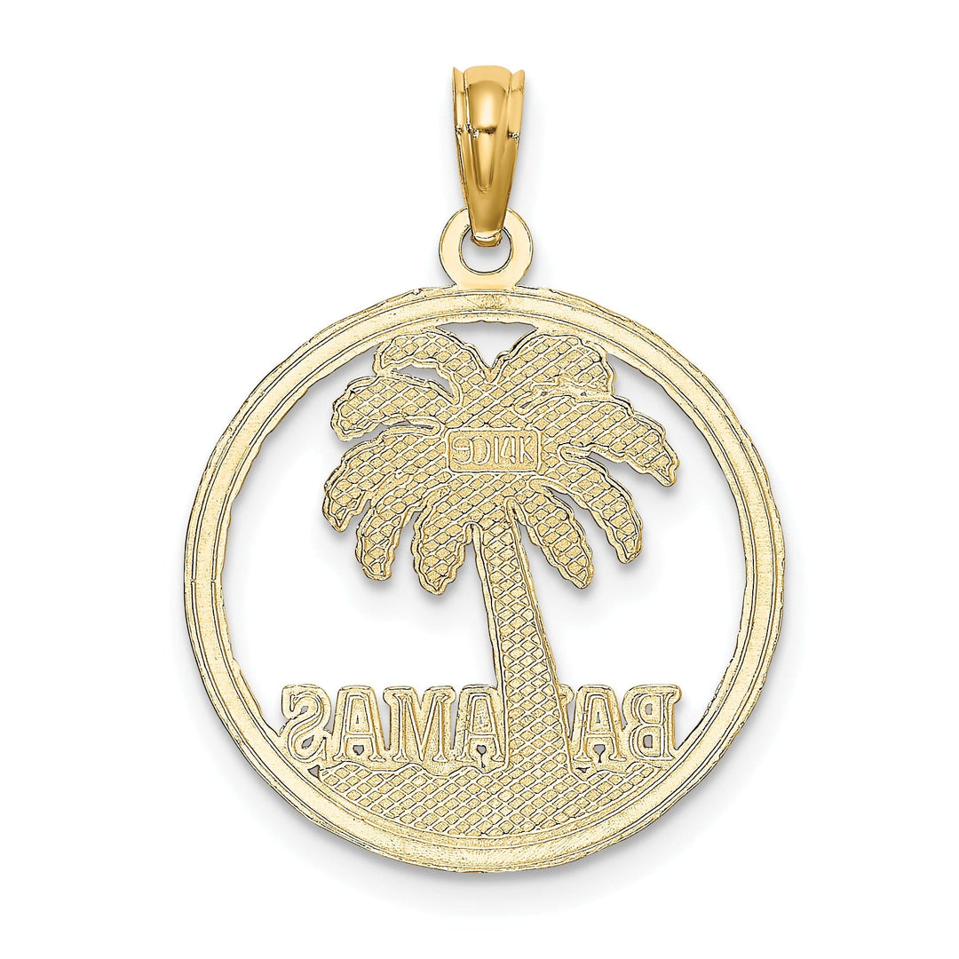 Lovely Rita's Pendants & Charms 14K Yellow Gold Polished Textured Finish BAHAMAS Under Palm Tree Round Circle Trim Design Charm Pendant