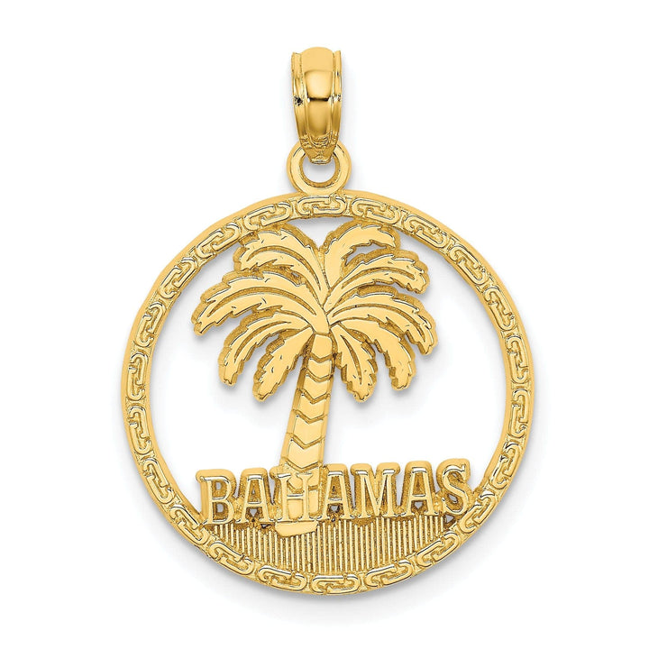 Lovely Rita's Pendants & Charms 14K Yellow Gold Polished Textured Finish BAHAMAS Under Palm Tree Round Circle Trim Design Charm Pendant