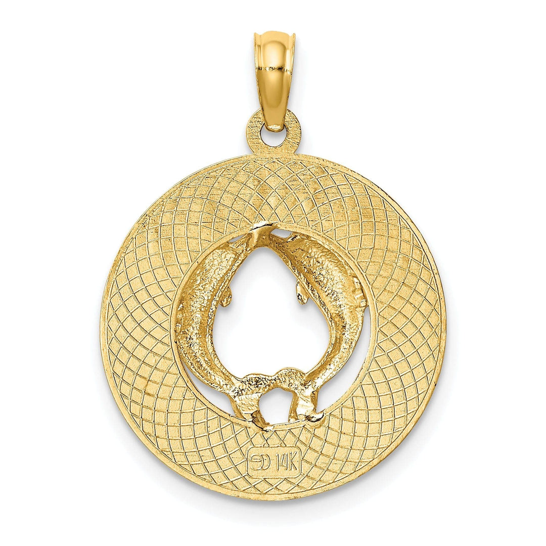 Lovely Rita's Pendants & Charms 14K Yellow Gold Polished Textured Finish CANCUN Circle Design with Double Dolphins Charm Pendant