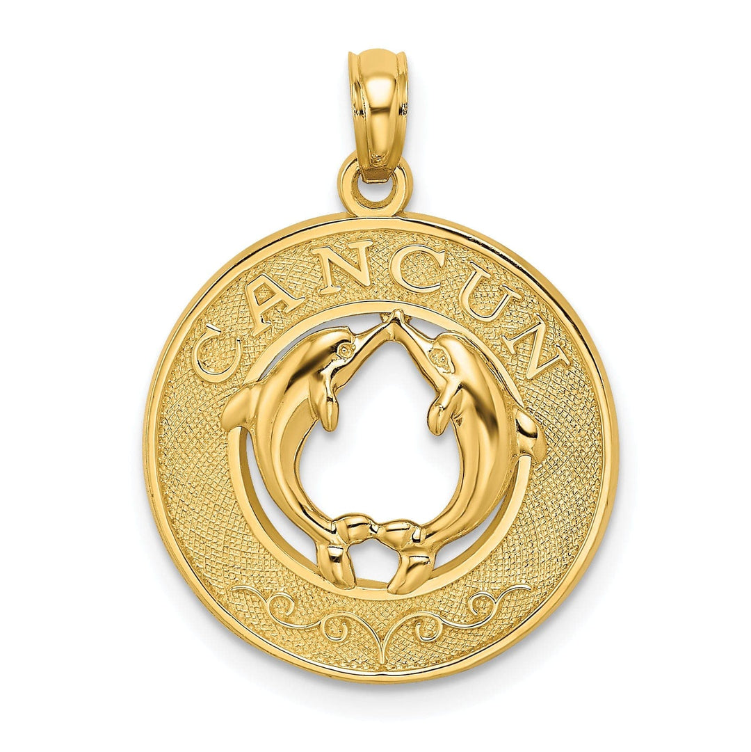 Lovely Rita's Pendants & Charms 14K Yellow Gold Polished Textured Finish CANCUN Circle Design with Double Dolphins Charm Pendant