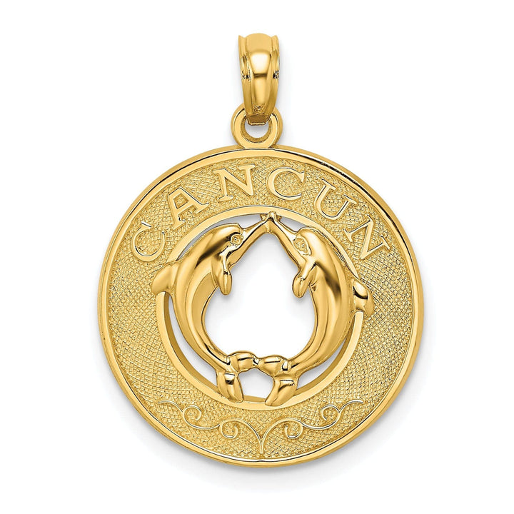 Lovely Rita's Pendants & Charms 14K Yellow Gold Polished Textured Finish CANCUN Circle Design with Double Dolphins Charm Pendant