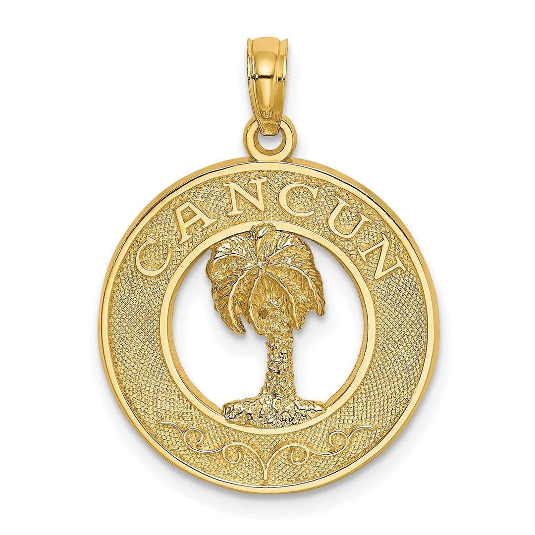 Lovely Rita's Pendants & Charms 14K Yellow Gold Polished Textured Finish CANCUN Circle Design with Palm Tree Charm Pendant