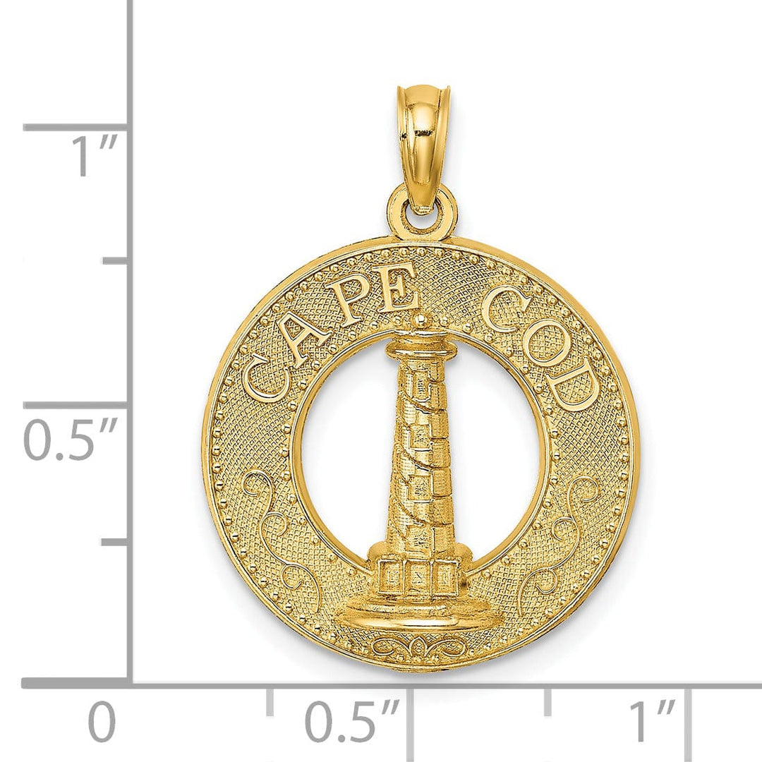 Lovely Rita's Pendants & Charms 14K Yellow Gold Polished Textured Finish CAPE COD Lighthouse in Circle Design Charm Pendant