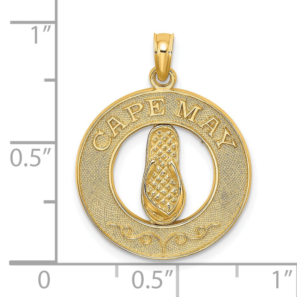 Lovely Rita's Pendants & Charms 14K Yellow Gold Polished Textured Finish CAPE MAY with Flip-Flop Sandle in Circle Design Charm Pendant