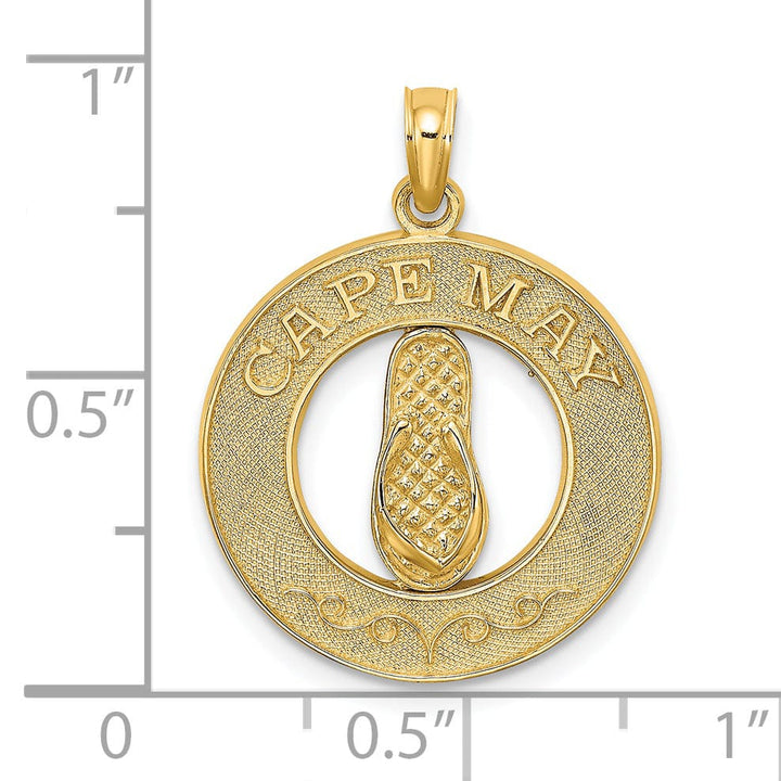 Lovely Rita's Pendants & Charms 14K Yellow Gold Polished Textured Finish CAPE MAY with Flip-Flop Sandle in Circle Design Charm Pendant