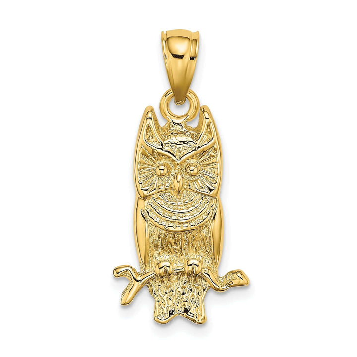 Lovely Rita's Pendants & Charms 14K Yellow Gold Polished Textured Finish Concave Shape Owl on Branch Charm Pendant