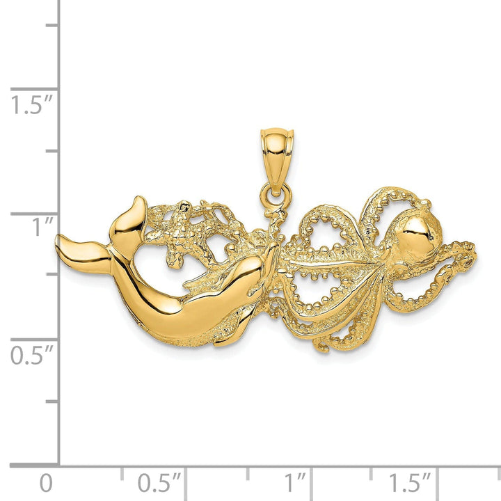 Lovely Rita's Pendants & Charms 14K Yellow Gold Polished Textured Finish Dolphins Swimming With Octopus Design Charm Pendant