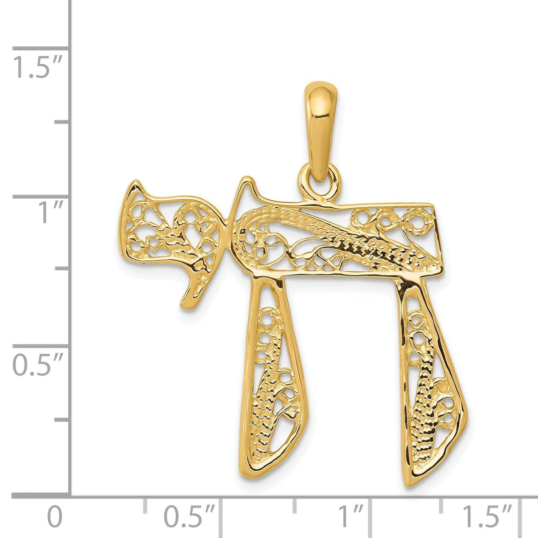 Lovely Rita's Pendants & Charms 14k Yellow Gold Polished Textured Finish Filligree Chai Design Pendant