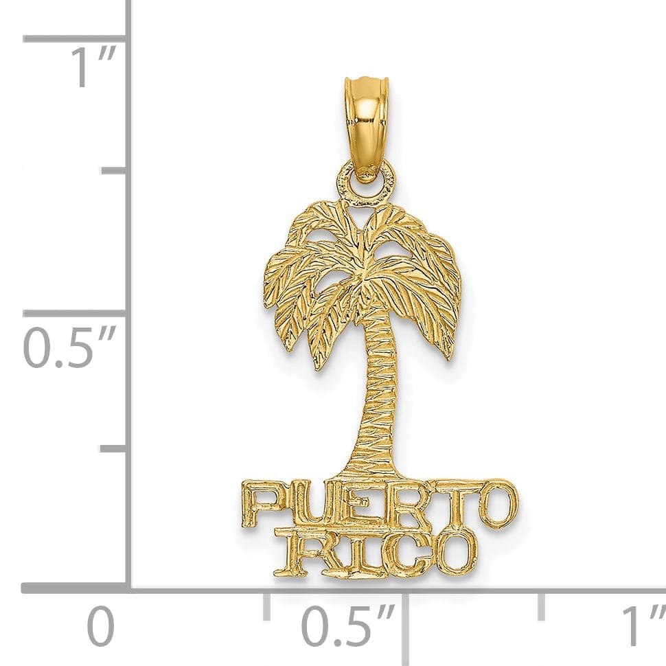 Lovely Rita's Pendants & Charms 14K Yellow Gold Polished Textured Finish Flat Back PUERTO RICO Under Palm Tree Charm Pendant