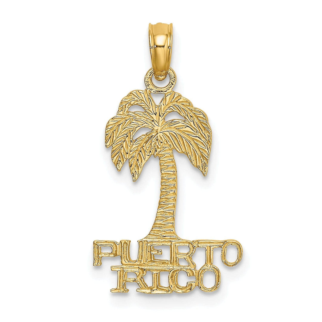 Lovely Rita's Pendants & Charms 14K Yellow Gold Polished Textured Finish Flat Back PUERTO RICO Under Palm Tree Charm Pendant