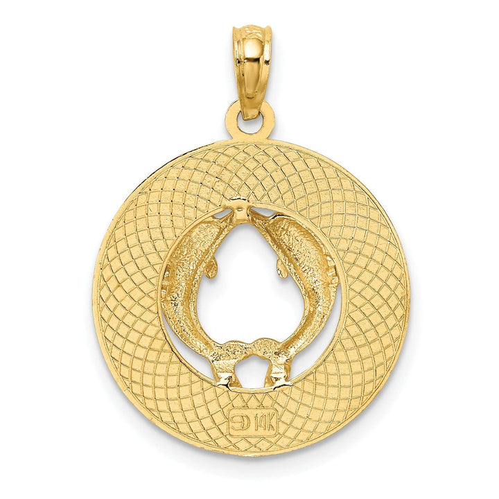 Lovely Rita's Pendants & Charms 14K Yellow Gold Polished Textured Finish FLORIDA witn Double Dolphins in Circle Design Charm Pendant