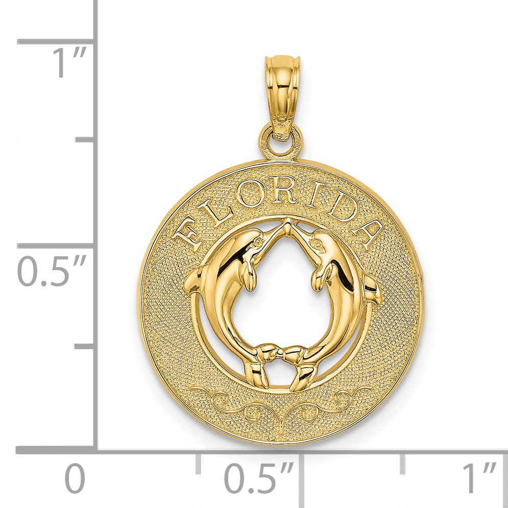 Lovely Rita's Pendants & Charms 14K Yellow Gold Polished Textured Finish FLORIDA witn Double Dolphins in Circle Design Charm Pendant