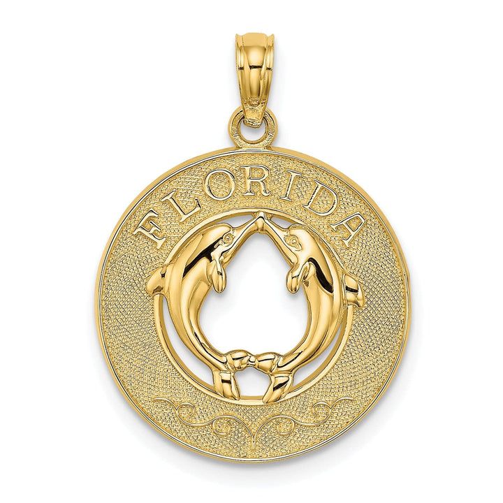 Lovely Rita's Pendants & Charms 14K Yellow Gold Polished Textured Finish FLORIDA witn Double Dolphins in Circle Design Charm Pendant
