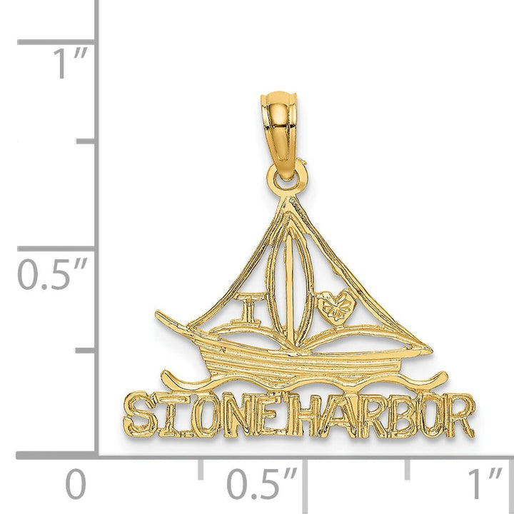 Lovely Rita's Pendants & Charms 14k Yellow Gold Polished Textured Finish I LOVE STONE HARBOR Sailboat Cut Out Design Charm Pendant