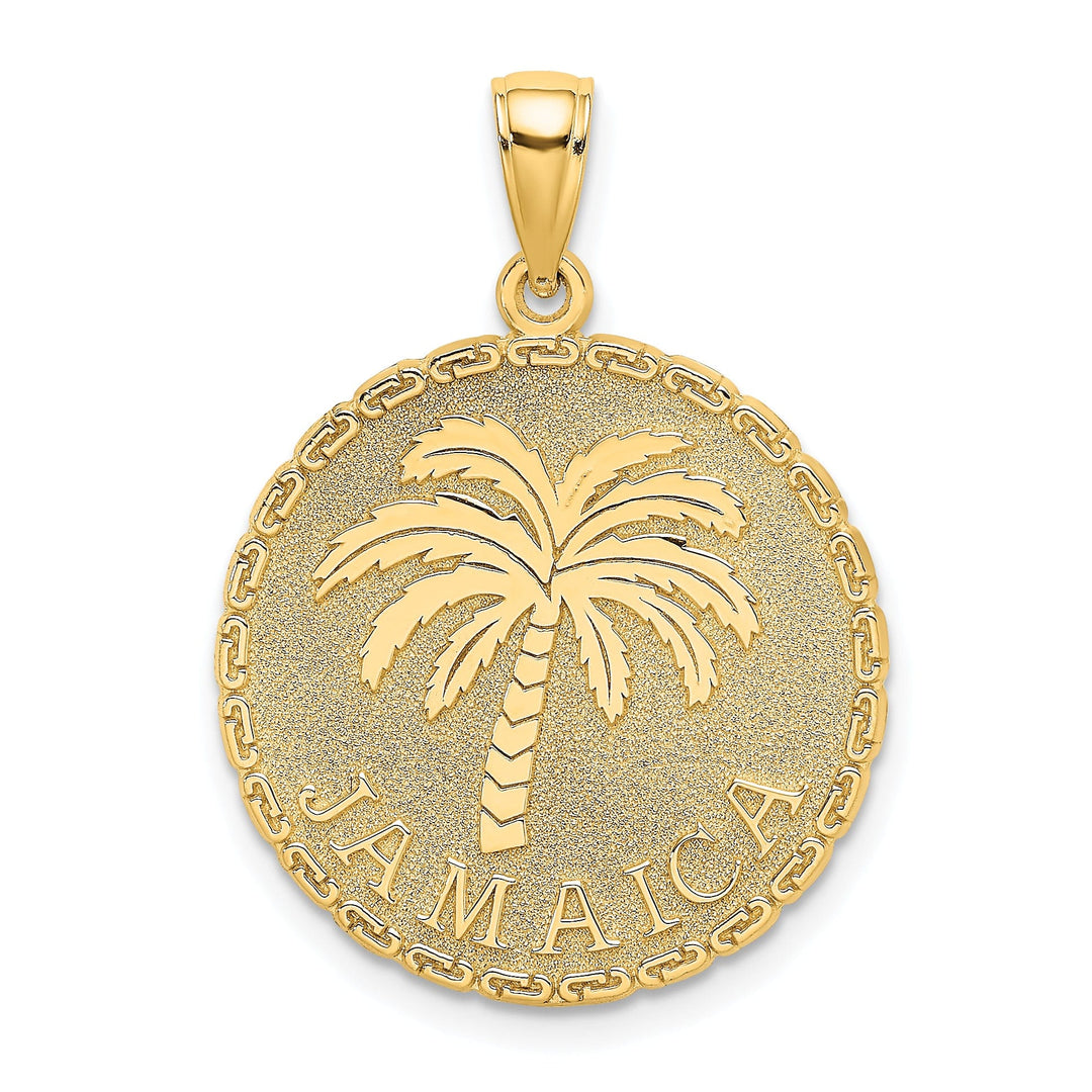 Lovely Rita's Pendants & Charms 14K Yellow Gold Polished Textured Finish JAMAICA & Palm Tree in Round Disk Shape Charm Pendant