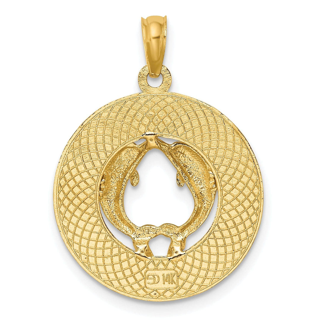 Lovely Rita's Pendants & Charms 14K Yellow Gold Polished Textured Finish JAMAICA with Double Dolphins Circle Design Charm Pendant