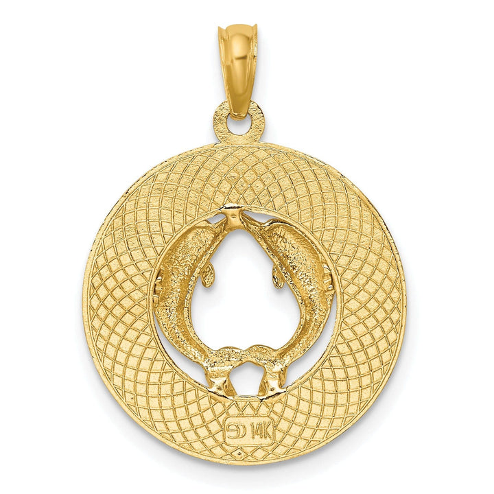 Lovely Rita's Pendants & Charms 14K Yellow Gold Polished Textured Finish JAMAICA with Double Dolphins Circle Design Charm Pendant