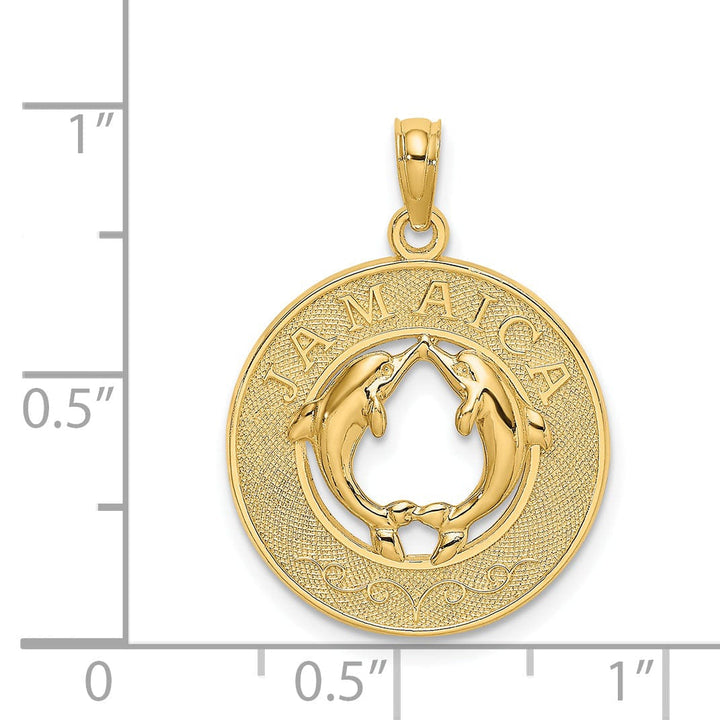 Lovely Rita's Pendants & Charms 14K Yellow Gold Polished Textured Finish JAMAICA with Double Dolphins Circle Design Charm Pendant