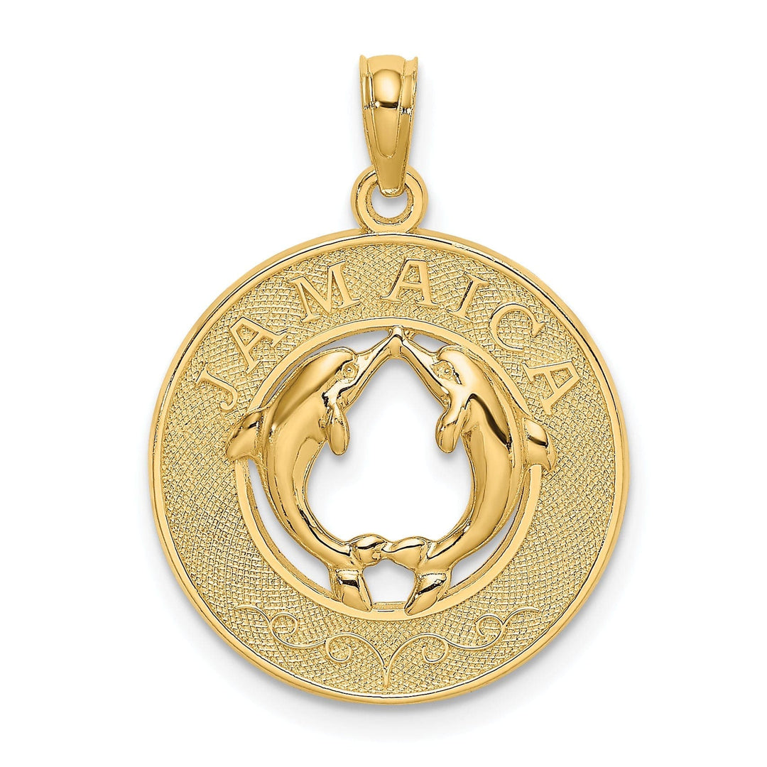 Lovely Rita's Pendants & Charms 14K Yellow Gold Polished Textured Finish JAMAICA with Double Dolphins Circle Design Charm Pendant