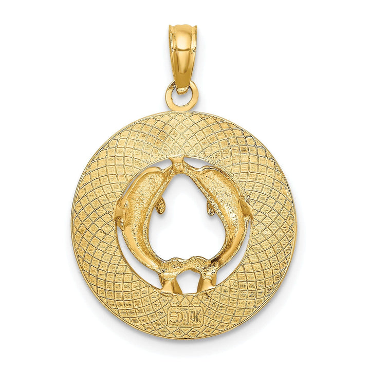 Lovely Rita's Pendants & Charms 14K Yellow Gold Polished Textured Finish MIAMI BEACH with Double Dolphins in Circle Design Charm Pendant