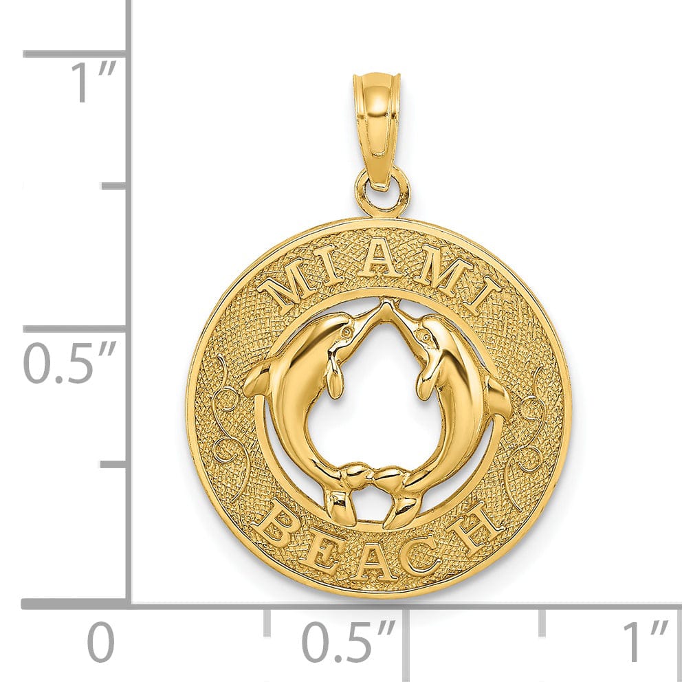 Lovely Rita's Pendants & Charms 14K Yellow Gold Polished Textured Finish MIAMI BEACH with Double Dolphins in Circle Design Charm Pendant