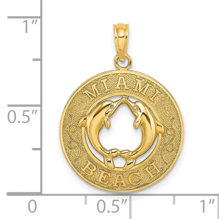 Lovely Rita's Pendants & Charms 14K Yellow Gold Polished Textured Finish MIAMI BEACH with Double Dolphins in Circle Design Charm Pendant