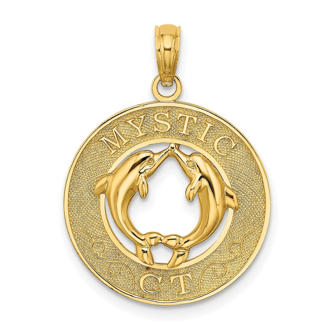 Lovely Rita's Pendants & Charms 14K Yellow Gold Polished Textured Finish MYSTIC CT Double Dolphins in Circle Design Charm Pendant