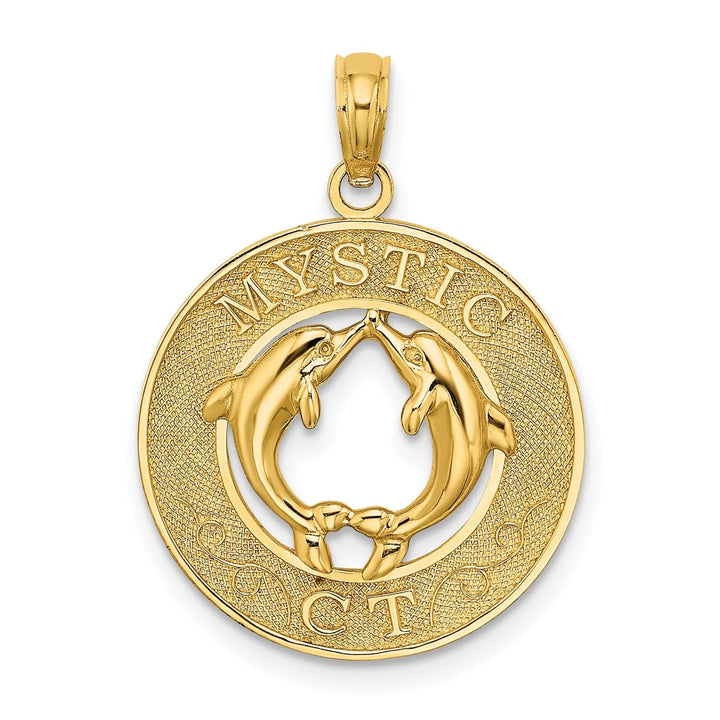 Lovely Rita's Pendants & Charms 14K Yellow Gold Polished Textured Finish MYSTIC CT Double Dolphins in Circle Design Charm Pendant