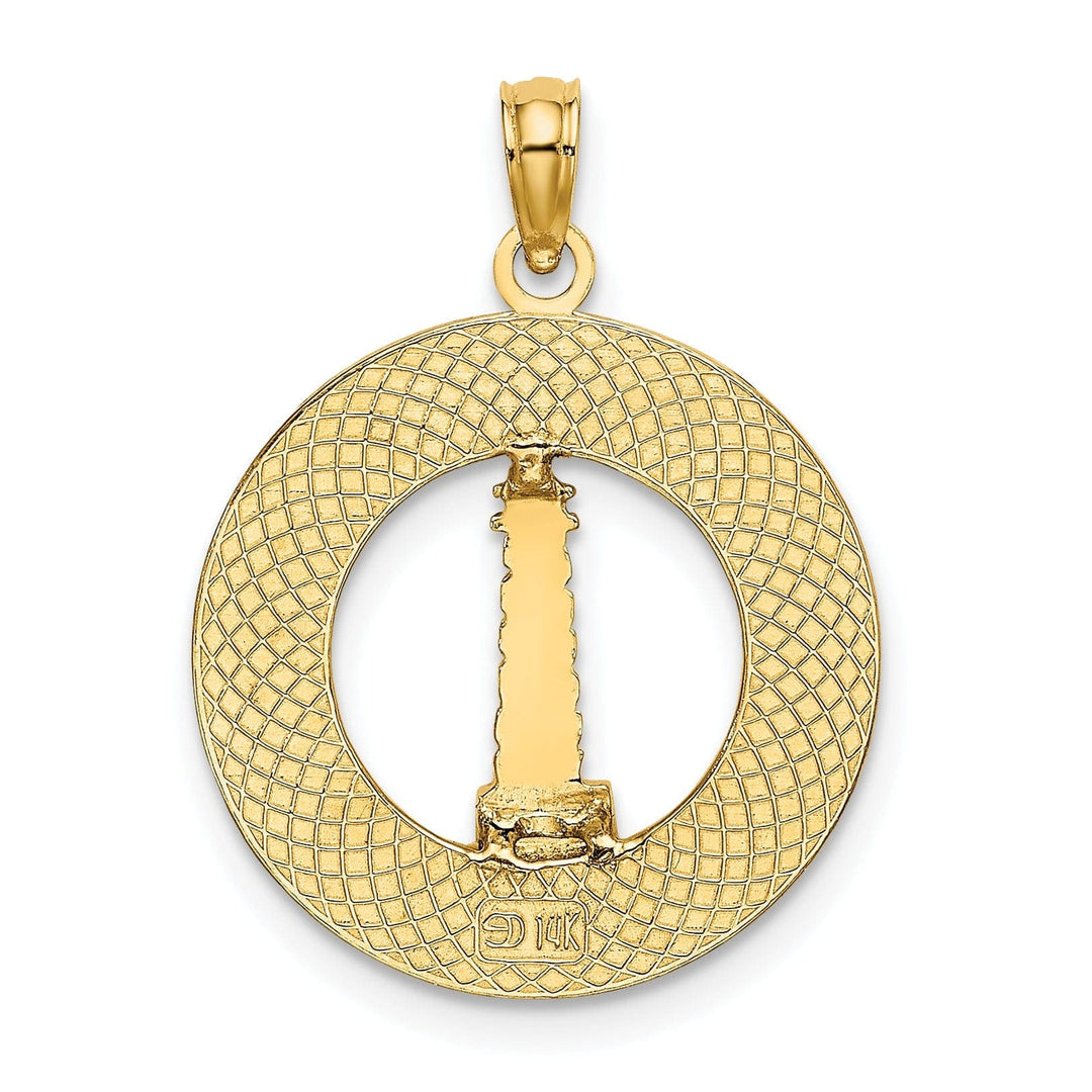 Lovely Rita's Pendants & Charms 14K Yellow Gold Polished Textured Finish MYSTIC CT Lighthouse in Circle Design Charm Pendant