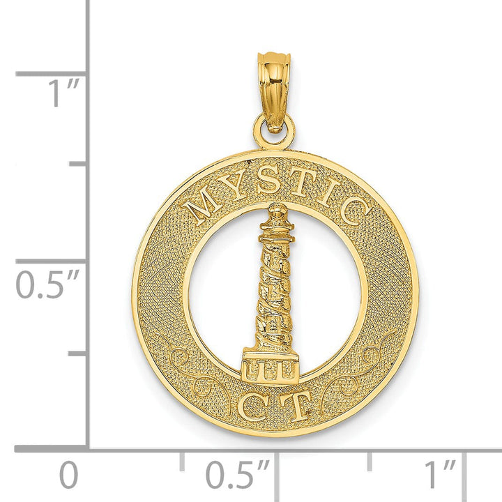 Lovely Rita's Pendants & Charms 14K Yellow Gold Polished Textured Finish MYSTIC CT Lighthouse in Circle Design Charm Pendant