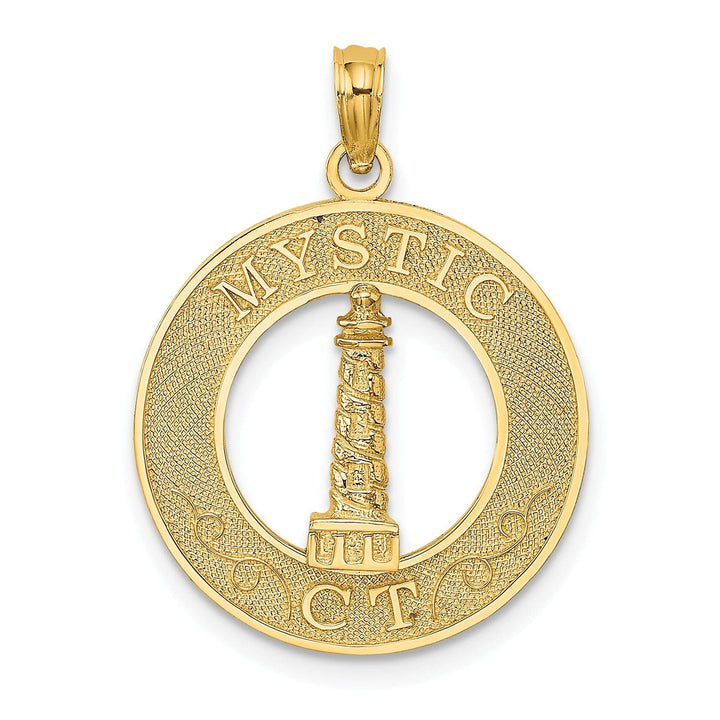 Lovely Rita's Pendants & Charms 14K Yellow Gold Polished Textured Finish MYSTIC CT Lighthouse in Circle Design Charm Pendant