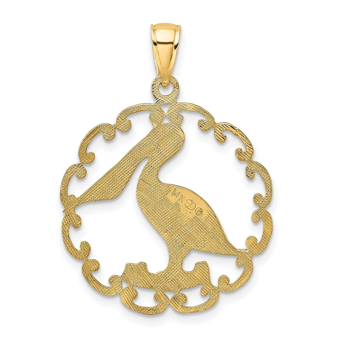 Lovely Rita's Pendants & Charms 14K Yellow Gold Polished Textured Finish Pelican In Circle Design Charm Pendant