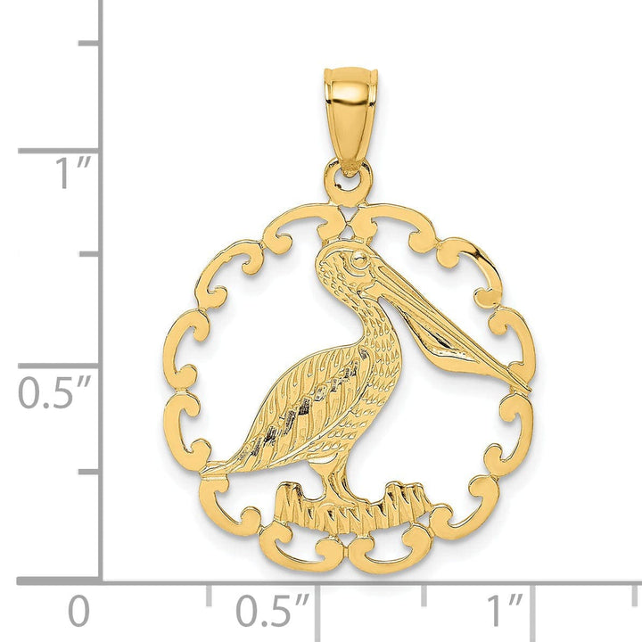 Lovely Rita's Pendants & Charms 14K Yellow Gold Polished Textured Finish Pelican In Circle Design Charm Pendant