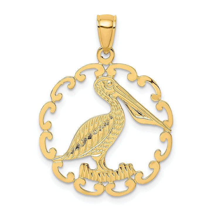 Lovely Rita's Pendants & Charms 14K Yellow Gold Polished Textured Finish Pelican In Circle Design Charm Pendant