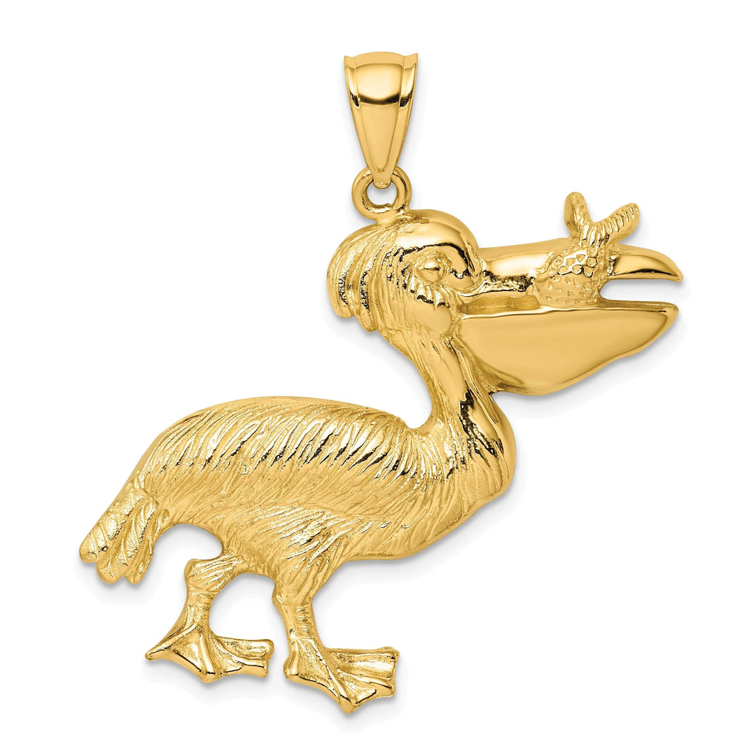 Lovely Rita's Pendants & Charms 14K Yellow Gold Polished Textured Finish Pelican with Fish In Mouth Charm Pendant