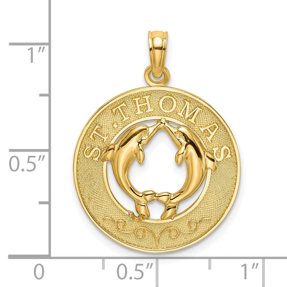 Lovely Rita's Pendants & Charms 14K Yellow Gold Polished Textured Finish SAINT THOMAS Circle Design with Double Dolphins Charm Pendant