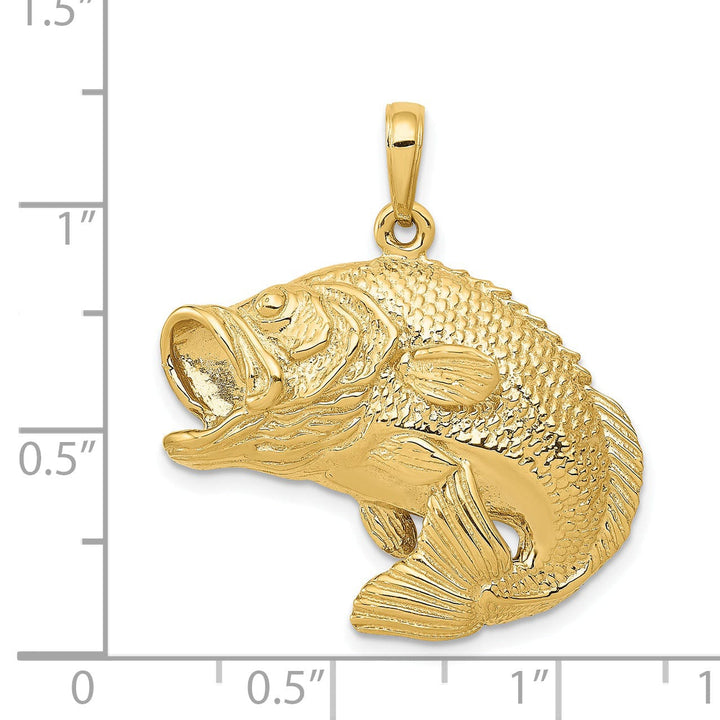 Lovely Rita's Pendants & Charms 14k Yellow Gold Polished Textured Finish Solid Bass Fish Jumping Charm Pendant