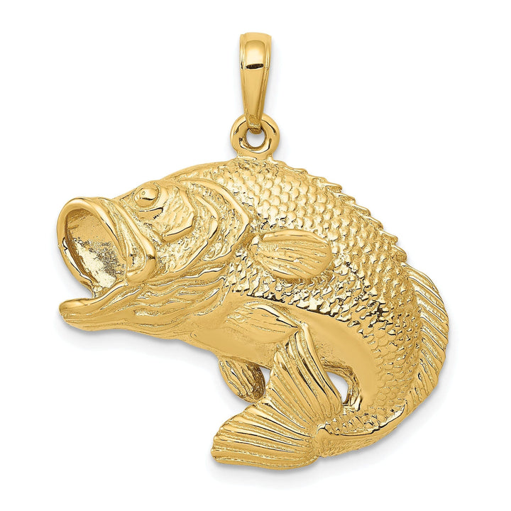 Lovely Rita's Pendants & Charms 14k Yellow Gold Polished Textured Finish Solid Bass Fish Jumping Charm Pendant