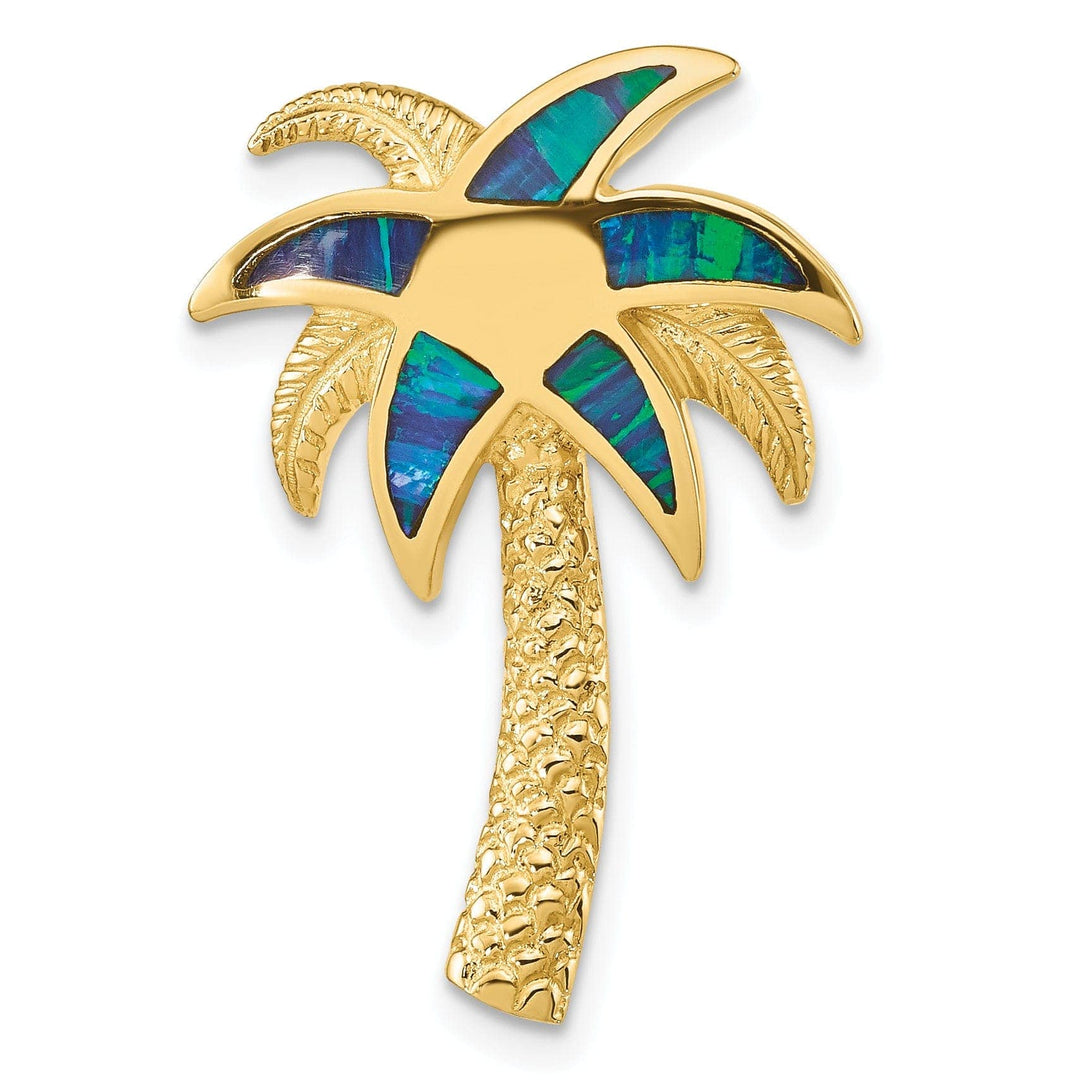 Lovely Rita's Pendants & Charms 14k Yellow Gold Polished Textured Finish Solid Lab Created Opal Palm Tree Slide Pendant fits up to 6mm Omega