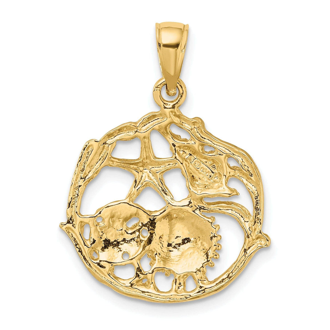 Lovely Rita's Pendants & Charms 14K Yellow Gold Polished Textured Finish Solid Shell Cluster, Star Fish In Circle Design Charm Pendant