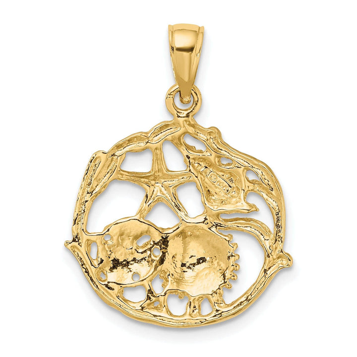 Lovely Rita's Pendants & Charms 14K Yellow Gold Polished Textured Finish Solid Shell Cluster, Star Fish In Circle Design Charm Pendant