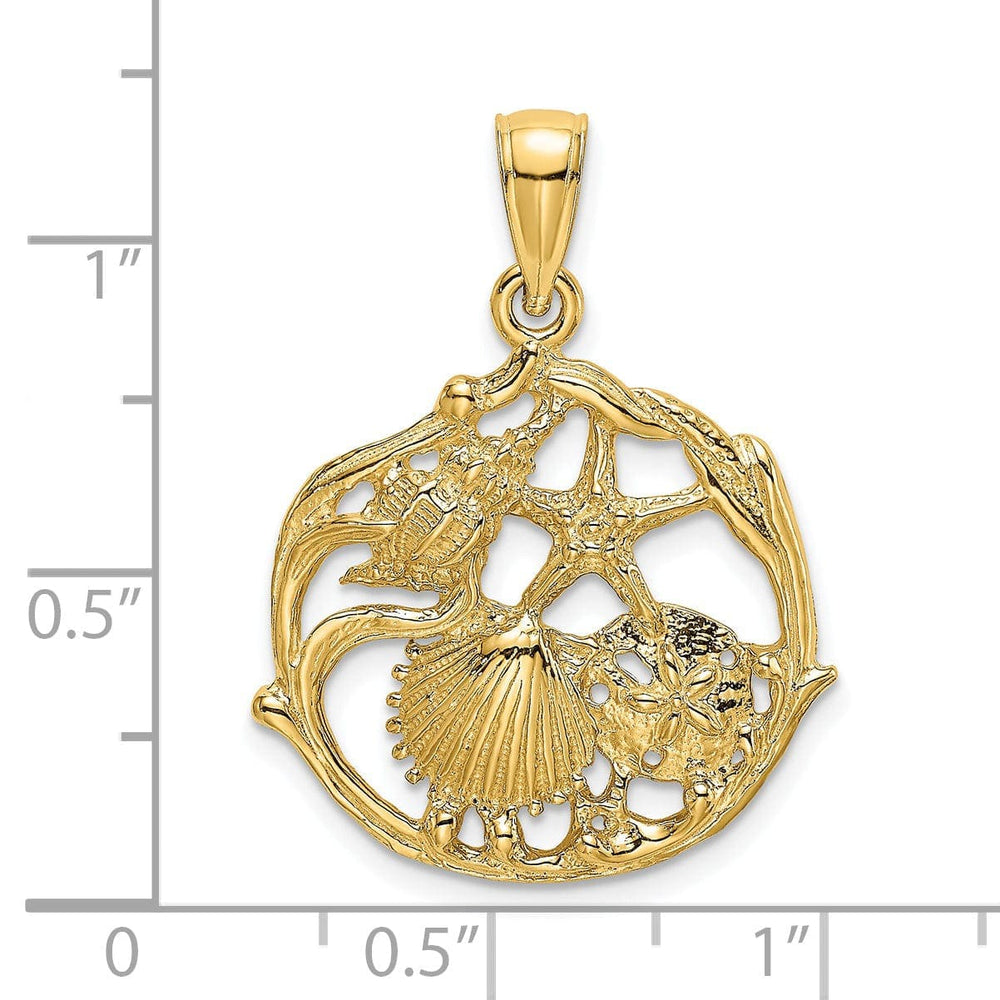 Lovely Rita's Pendants & Charms 14K Yellow Gold Polished Textured Finish Solid Shell Cluster, Star Fish In Circle Design Charm Pendant
