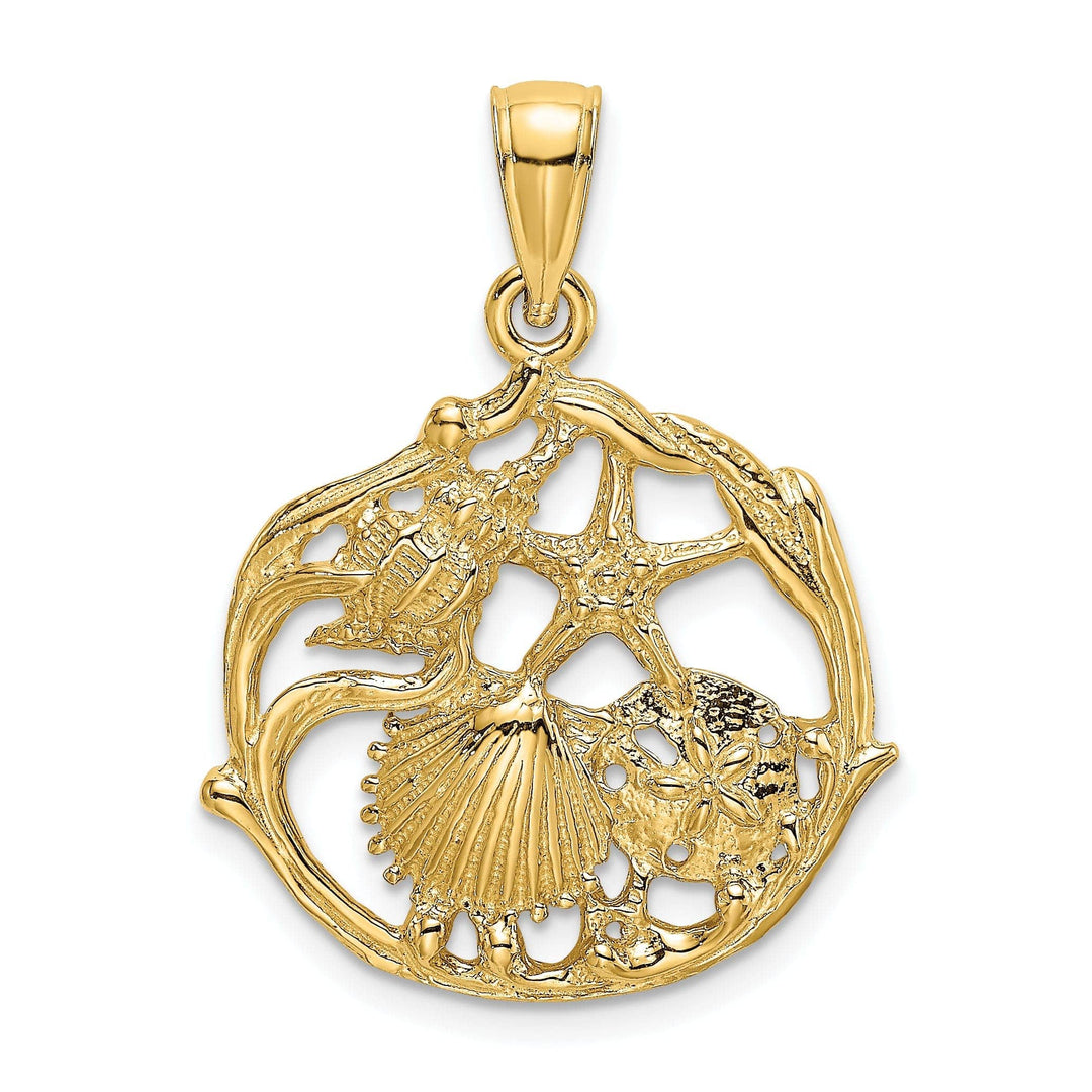 Lovely Rita's Pendants & Charms 14K Yellow Gold Polished Textured Finish Solid Shell Cluster, Star Fish In Circle Design Charm Pendant