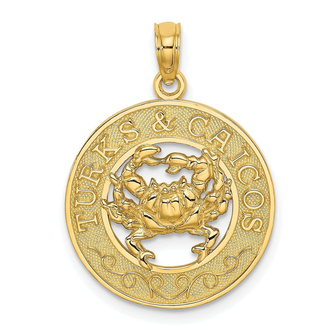 Lovely Rita's Pendants & Charms 14K Yellow Gold Polished Textured Finish TURKS & CAICOS Circle Design with Crab Charm Pendant