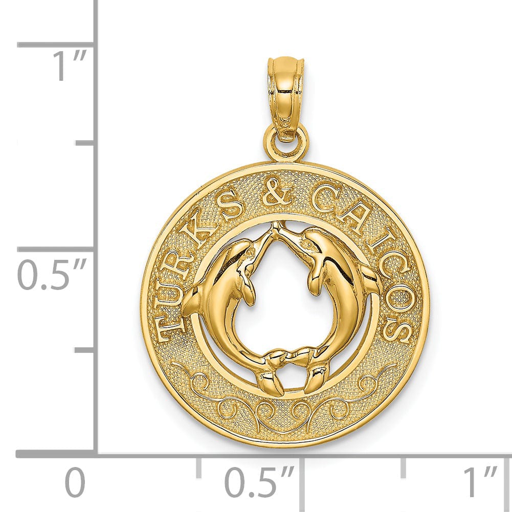 Lovely Rita's Pendants & Charms 14K Yellow Gold Polished Textured Finish TURKS & CAICOS Circle Design with Double Dolphins Charm Pendant
