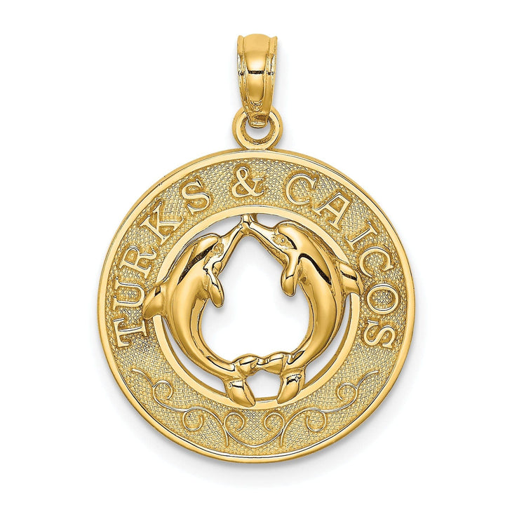 Lovely Rita's Pendants & Charms 14K Yellow Gold Polished Textured Finish TURKS & CAICOS Circle Design with Double Dolphins Charm Pendant