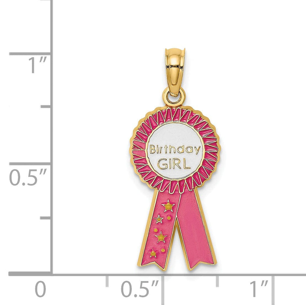 Lovely Rita's Pendants & Charms 14K Yellow Gold Polished Textured Pink Enamel Finish BIRTHDAY GIRL Pink Ribbon Charm Pendant Design