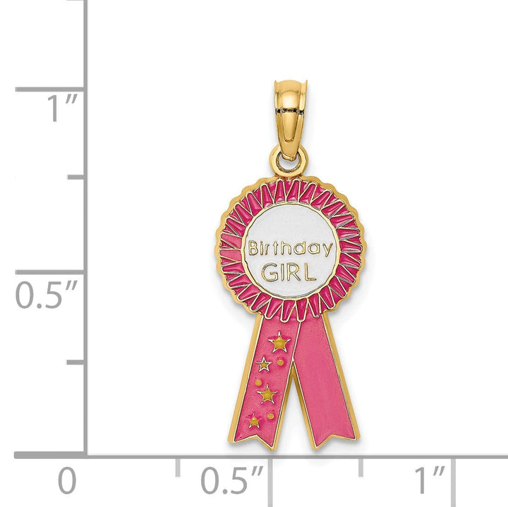 Lovely Rita's Pendants & Charms 14K Yellow Gold Polished Textured Pink Enamel Finish BIRTHDAY GIRL Pink Ribbon Charm Pendant Design